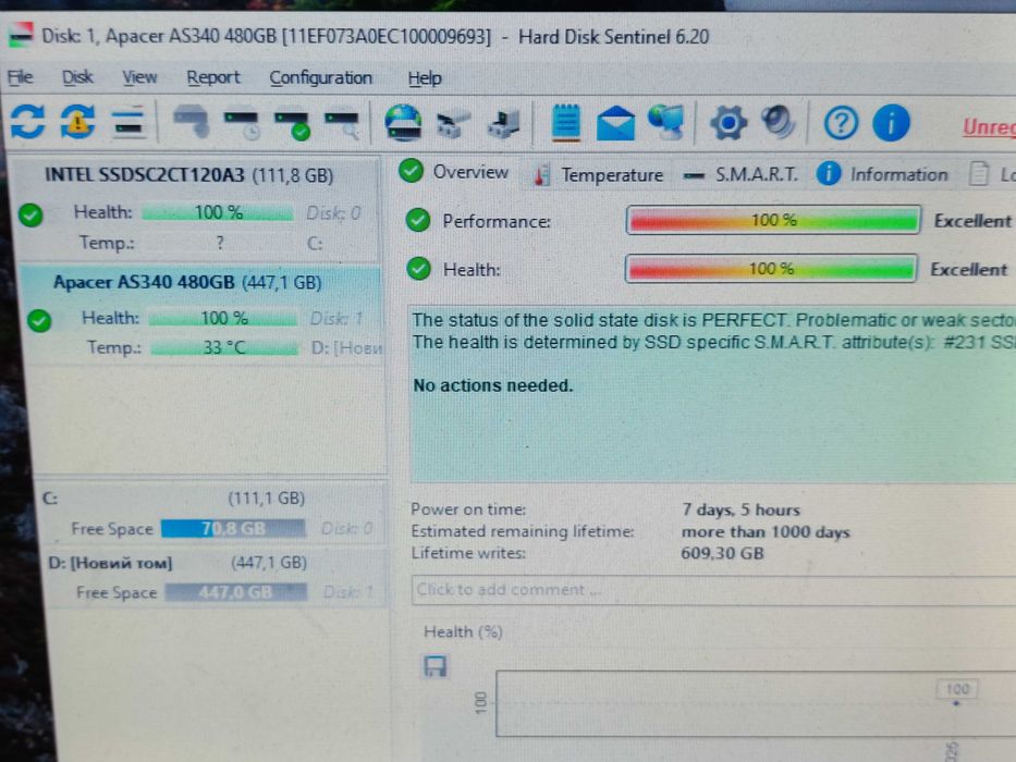 ЯК НОВИЙ SSD ССД диск APACER 480GB AS340G - практично без пробігу!