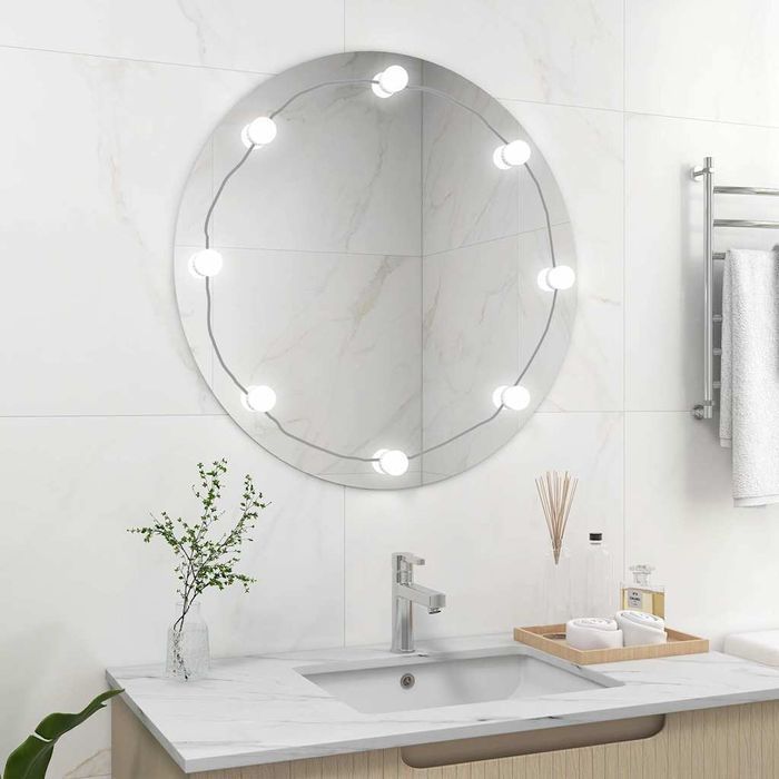 Vidaxl Lustro Ścienne Z Lampkami Led, Bez Ramy, Okrągłe, Szklane