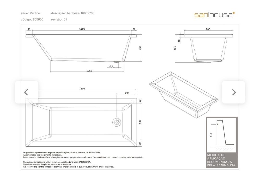 Banheira Sanindusa Vertice 160x75