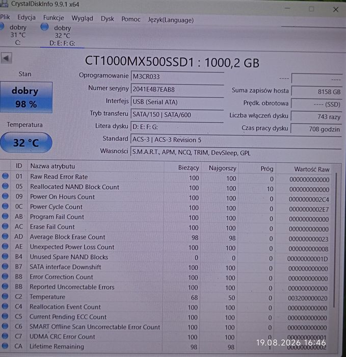 Dysk Crucial MX500 2.5 SSD 1TB - tylko 708h pracy