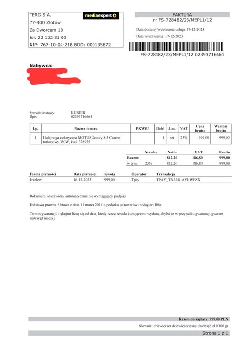 Motus Scooty 8.5 lite + ładowarka