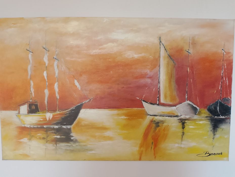 Obraz łódki w kolorach pomarańczy 80/49 cm