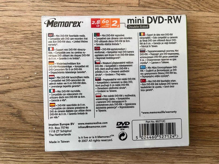 Mini DVD-RW Memorex 8cm Double Sided 2.8GB - Selado / Novo