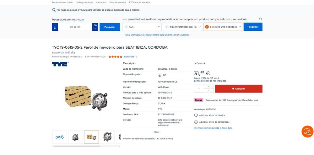 Farol de nevoeiro TYC 19-0615-05-2 para SEAT IBIZA, CORDOBA