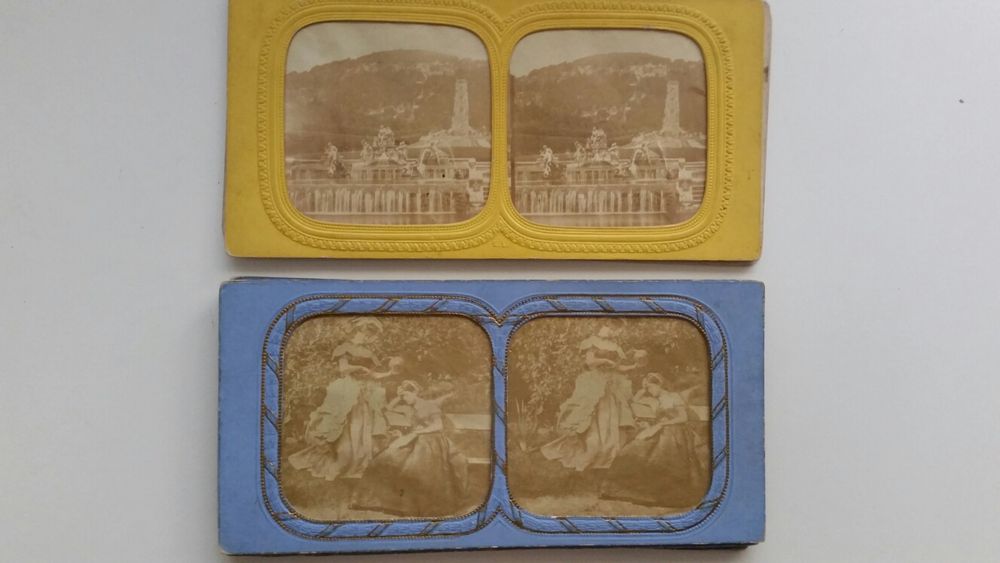 Estereoscópio antigo e fotografias
