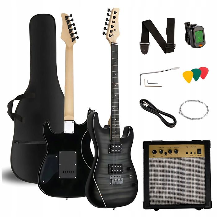 Gitara elektryczna Stratocaster 4/4 wzmacniacz przewód pokrowiec tuner czarna