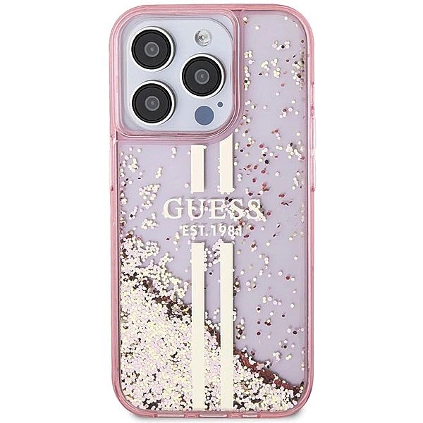 Etui Guess Liquid Glitter Gold Stripes na iPhone 15 Pro - różowe