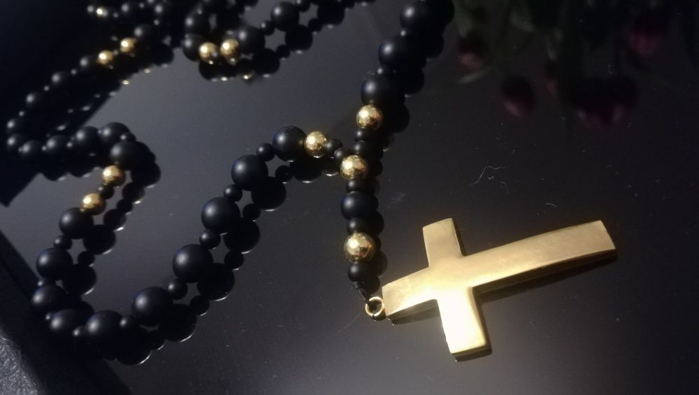 Różaniec ozdobny naszyjnik męski onyks złoto biżuteria prezent
