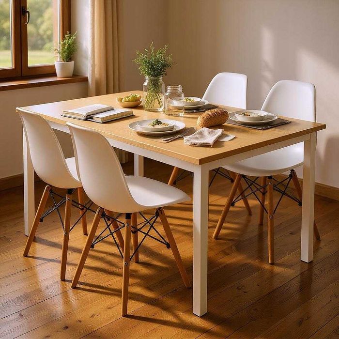 NOWY Stół z Krzesłami Biały Loft do Kuchni Salonu Jadalni Drewniany FV