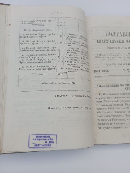 Старинная церковная книга,,Полтавскiя Епархiальныя ведомости,, 1864 г.