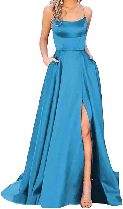 Suknia wieczorowa maxi A-line satyna, kieszenie - XS niebieska