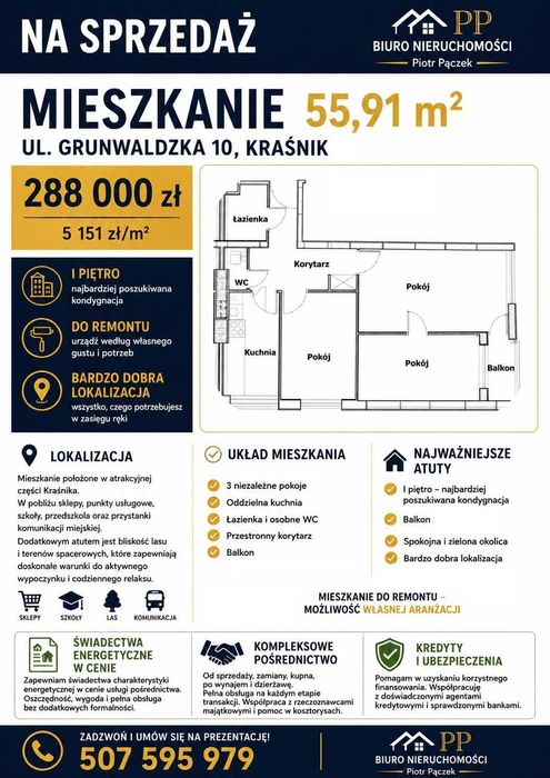 Mieszkanie 1 piętro, 3 pokoje, 55,91 m² , balkon, Kraśnik Fabryczny