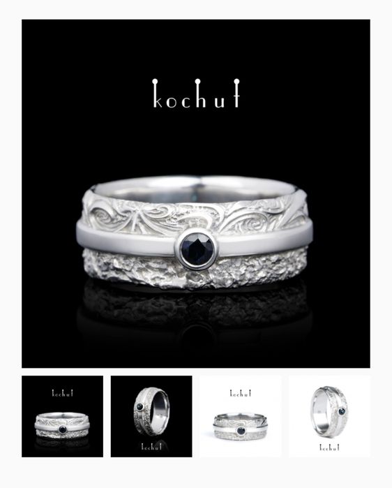 В радості і в смутку — срібна обручка з сапфіром, покрита білим родієм