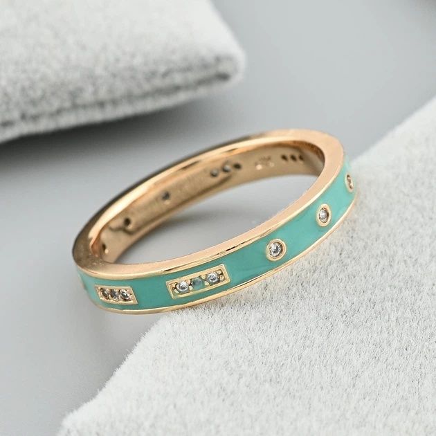 Каблучка Тасманія 40880 ширина 4 мм бірюзова емаль білі фіаніти позоло