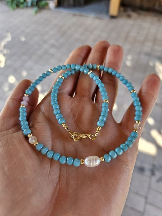 Naszyjnik Choker kamienie naturalne Jadeit Perła naturalna Kryształ