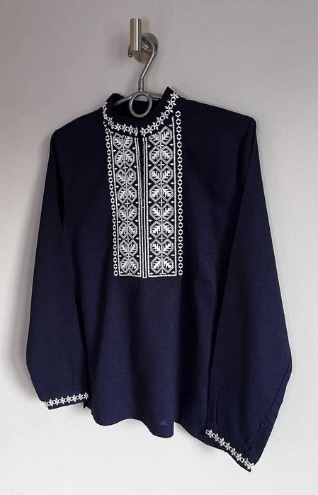 Вишиванка дитяча для хлопчика шкільна з довгим рукавом темно синя