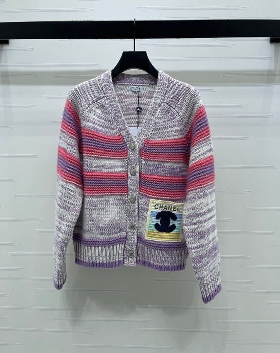 Chanel wełniany kardigan w paski z logo