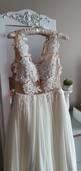 Suknia ślubna 3D, koronka, Ivory, cyrkonie, muślin, siateczka