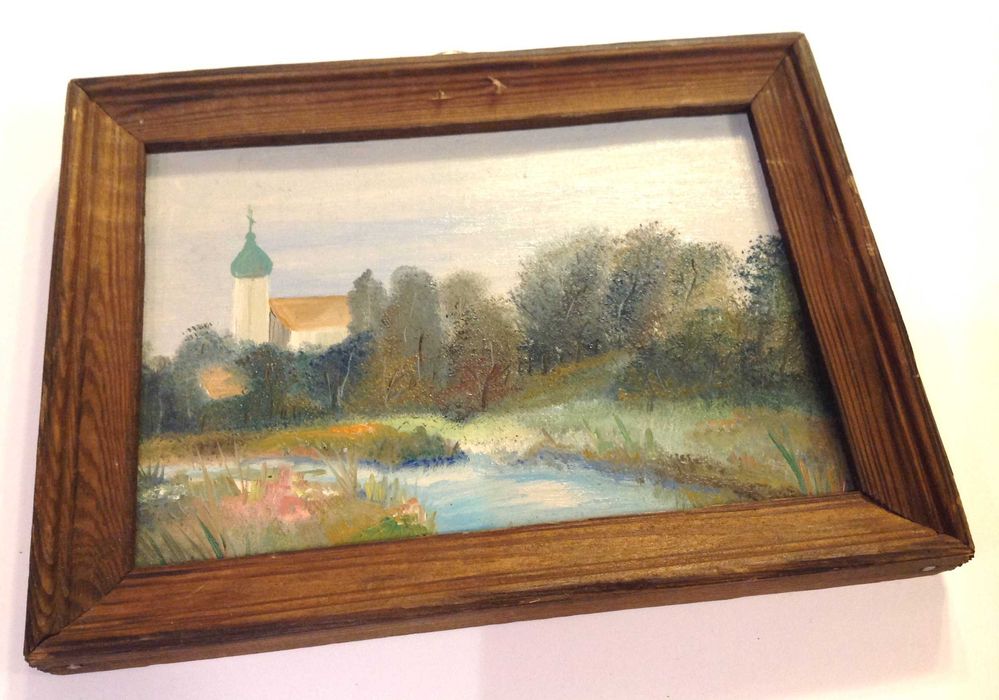 Stary mały obraz olejny pejzaż wiejski