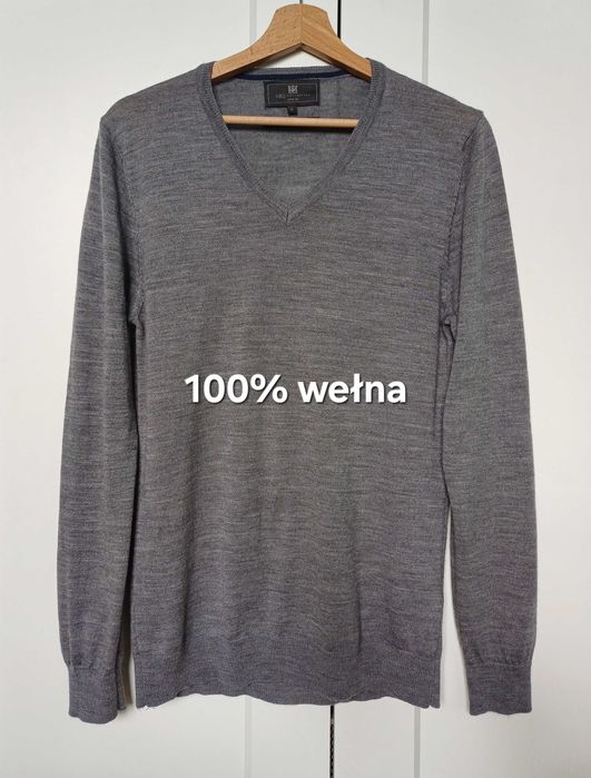 Cienki męski sweter v-neck z wełny merino rozm. S szary