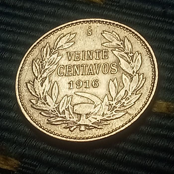 moeda em prata 20 centavos Chile 1916