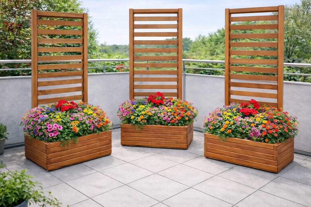 Donica drewniana z pergolą kratka na pnącza taras balkon ogród Warszaw