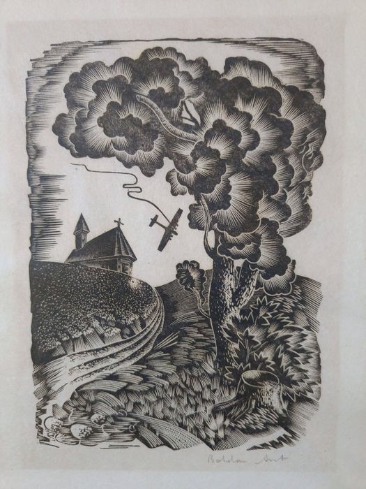 Drzeworyt na bibułce Bohdan Arct "Walka powietrzna" lata 40. XX wieku