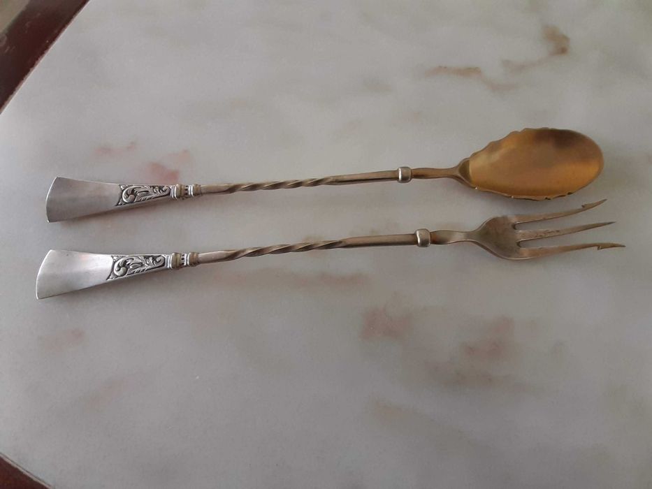 Par de talheres antigo, prata contrastada, anos 30/40, nunca usados