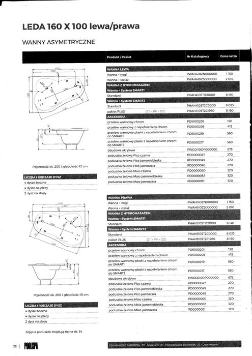 WANNA z hydromasażem LEDA 160X100 lewa, prawa POOL-SPA