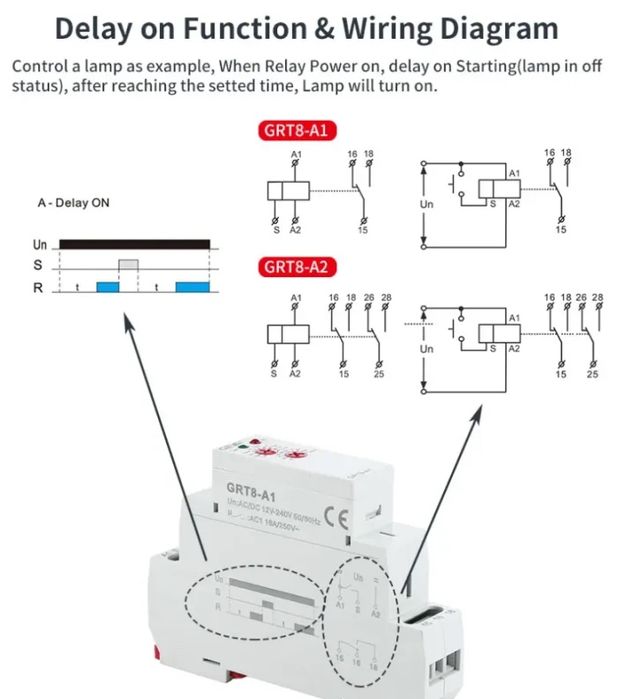 Реле времени GRT8-A 16A, AC/DC 12–240V