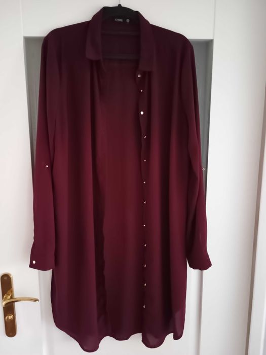 Długa koszula oversize asymetryczna lekka mgiełka burgund / bordo