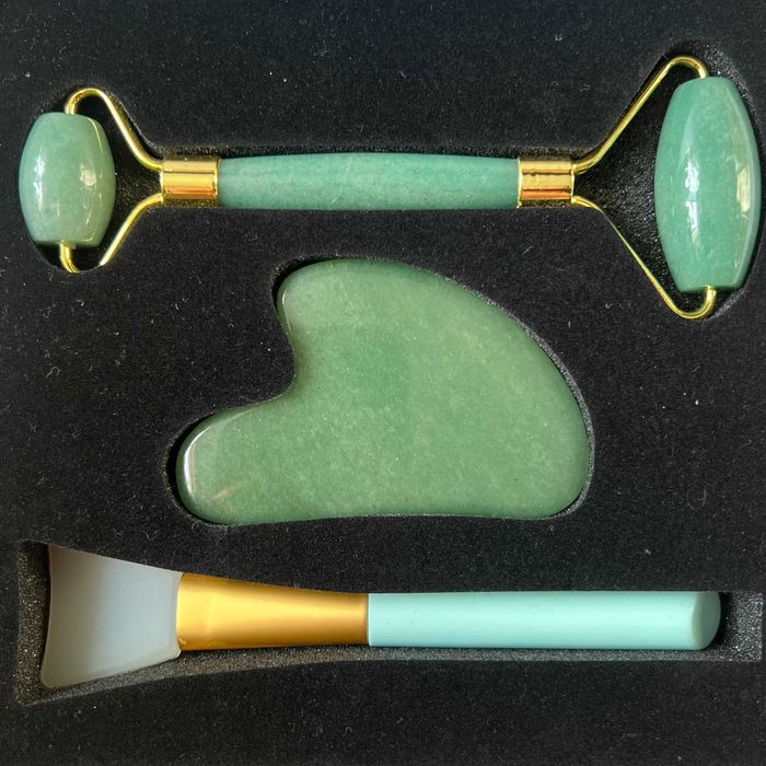 Roller jadeitowy gua sha zestaw + pędzel masaż twarzy lifting spa nowy