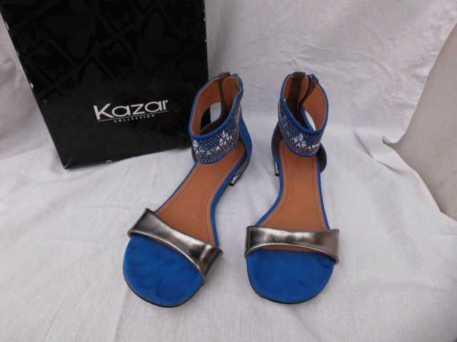 Kazar skórzane zamszowe niebieskie chabrowe sandały 36 srebrne