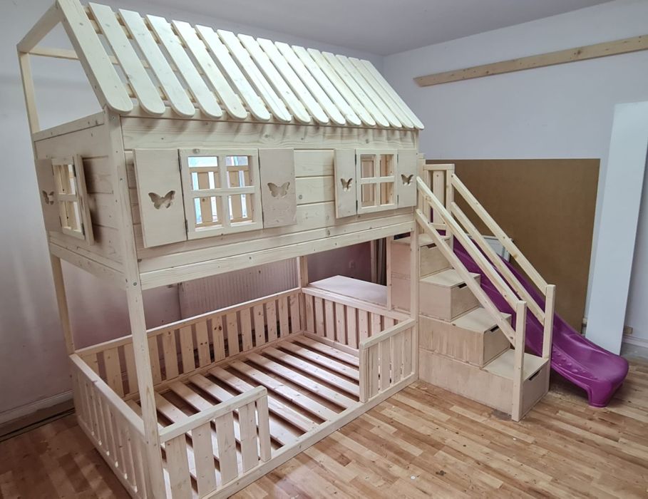 Łóżko piętrowe drewniane niemalowane 120x180