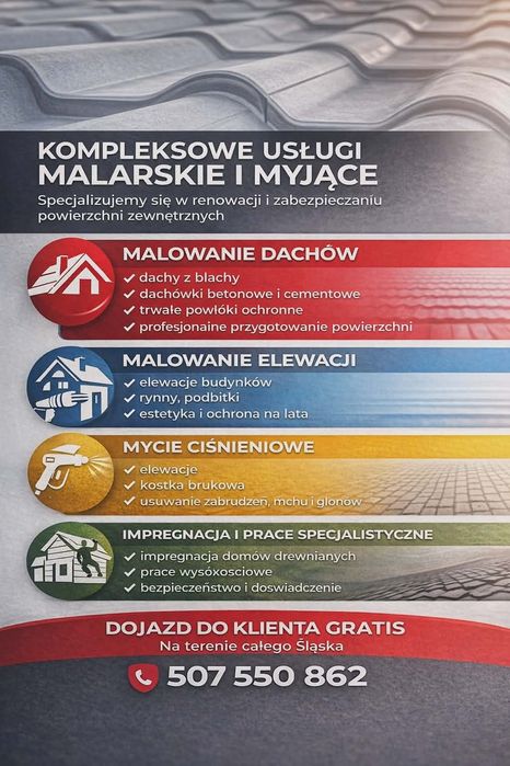 Malowanie dachów-mycie,impregnacja, CAŁY ŚLĄSK