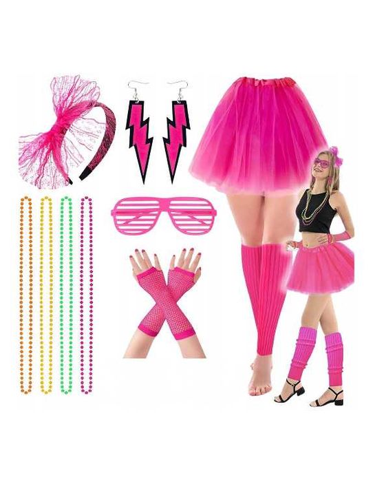 STRÓJ lata 80 90 NEON Retro Disco Przebranie SPÓDNICA ZESTAW 8w1 Q656