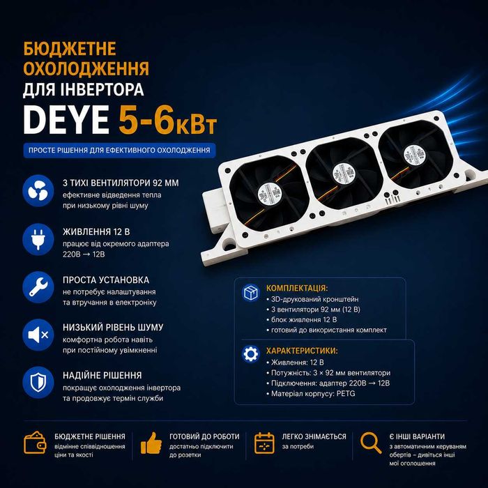 Бюджетне Охолодження для інвертора Deye 5-30кВт | 3×92 мм | 12В | Комплект