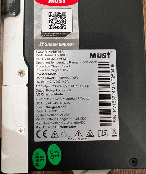 Гібридний сонячний інвертор MUST PV18-3224 VPM II Gen 2, 3200W, 24v