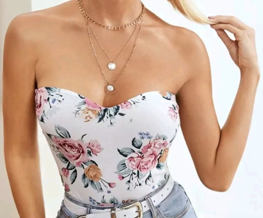Shein biały krótki top w róże - XL nowy