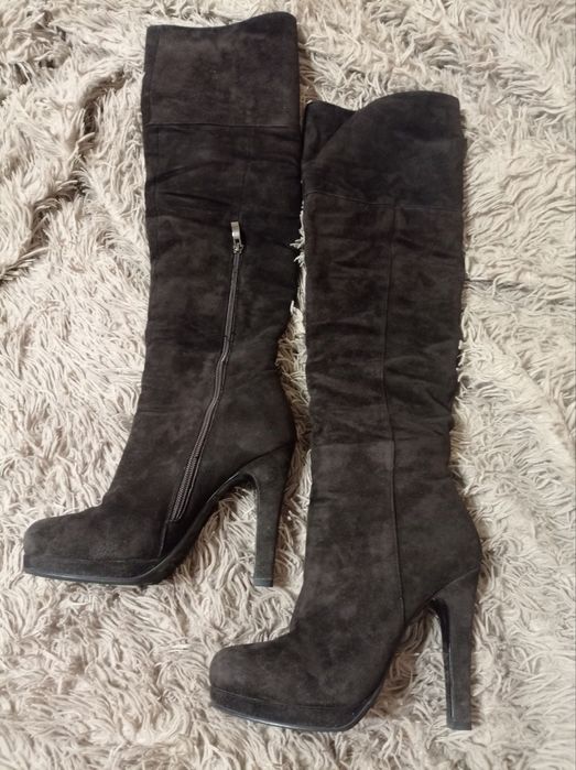 Замшеві чоботи ботфорти коричневі єврозима