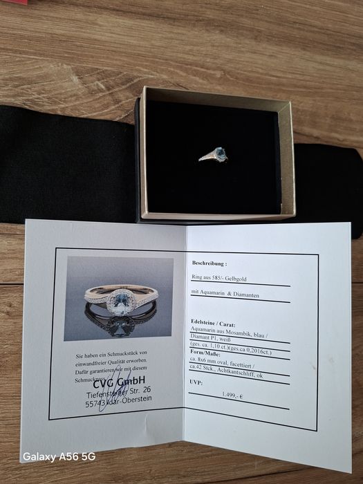 NOWY piękny złoty pierścionek z Akwamarynem i diamentami