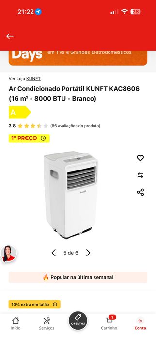 Ar Condicionado Portátil KUNFT KAC8606 (16 m² - 8000 BTU - Branco)