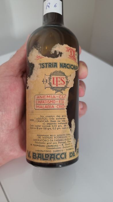 Garrafa antiga de farmácia anos 20 Iodarsolo c/rótulo papel