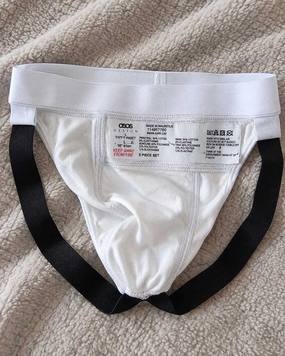 ASOS DESIGN Jockstrap L – białe męskie slipy z czarnymi paskami, bawełna