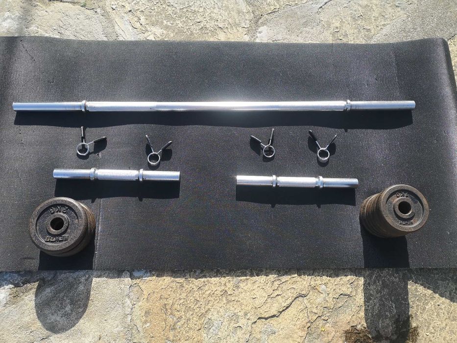 barra musculação +  barras de alteres  para cada braço + pesos 1kg e 2 kg