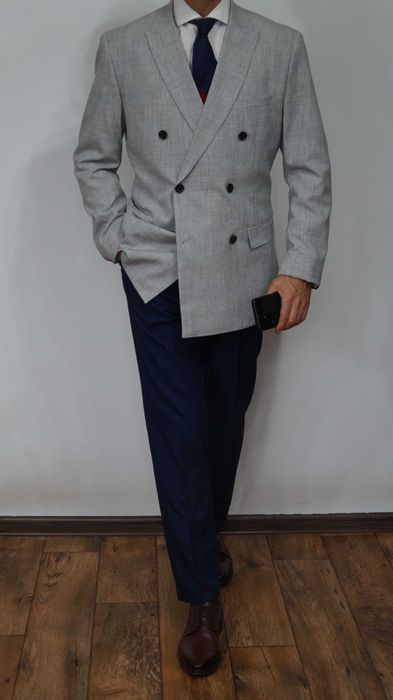 Marynarka Dwurzędowy H&M Rozmiar 52 Kolor Szary Jasny Slim Fit