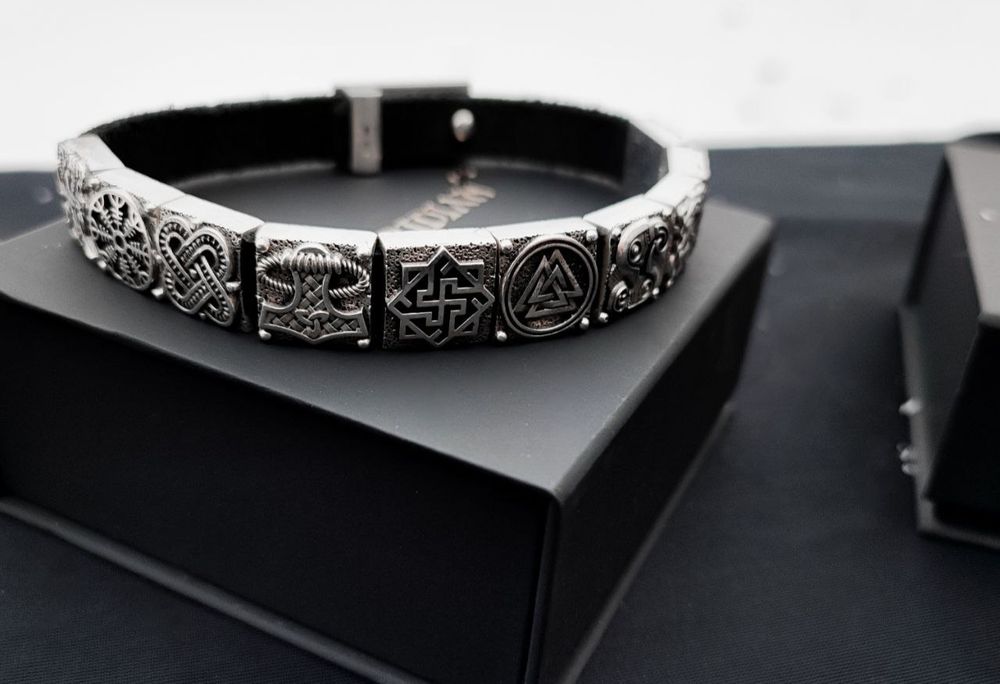 Мужской кожаный браслет "Мидгард Викингов" , "Скандинавские руны"
