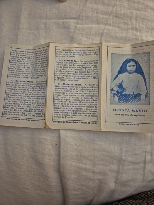 Folheto religioso antigo – Jacinta Marto (c. 1940–195