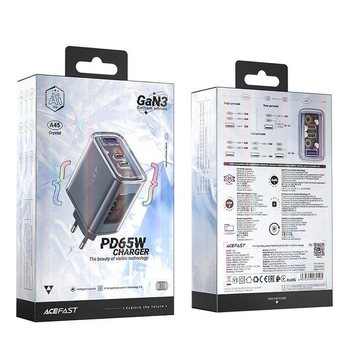 Ładowarka sieciowa Acefast A45 GaN 65W 3 porty USB (1xUSB, 2xUSB-C)