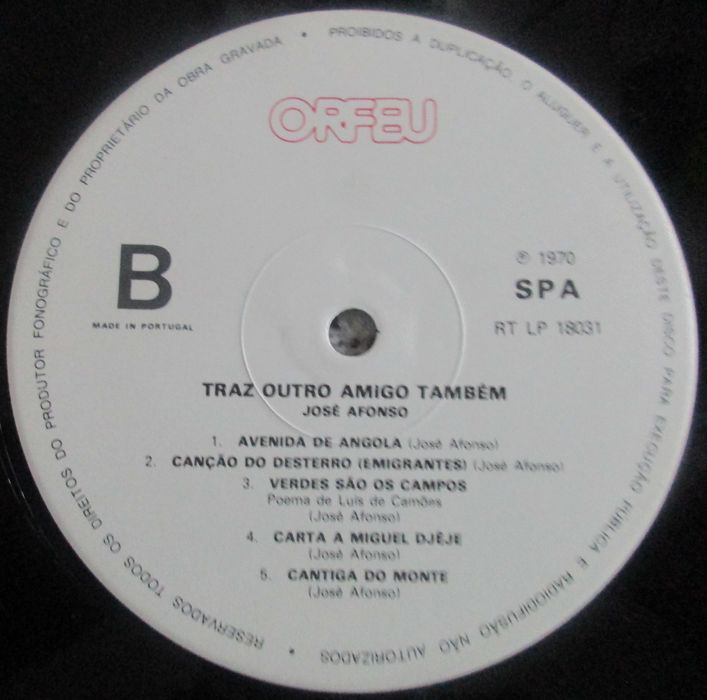 José Afonso	- - - - -		Traz Outro Amigo Também	- - - - -	LP